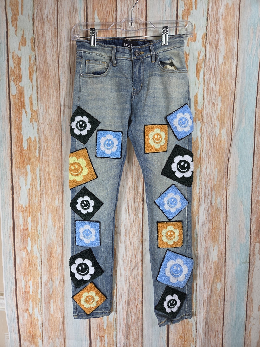 Focus Kids Embroidered Patch Jeans - Blue W/Multicolor Flower Patches. W 14